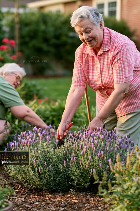 Elderly woman with Alzheimer's gardening with support in a yard