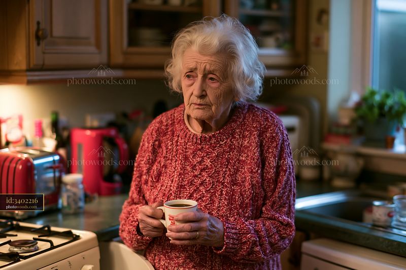 Elderly woman with Alzheimer's holding a cup of coffee in kitchen