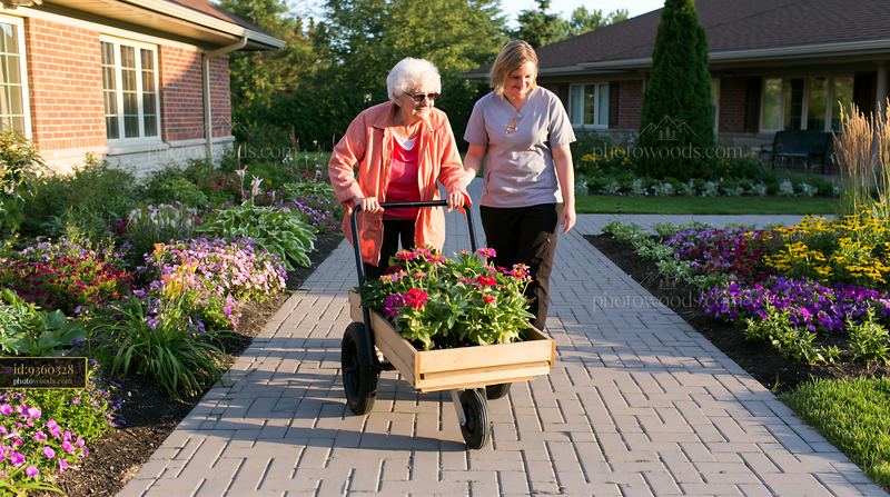 Elderly woman with Alzheimer's gardening with help