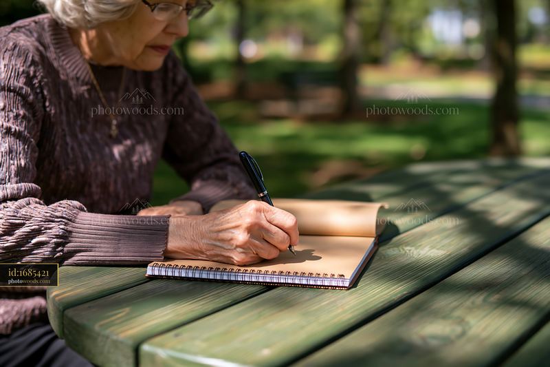 Elderly woman with Alzheimer's writing reminders in a notebook