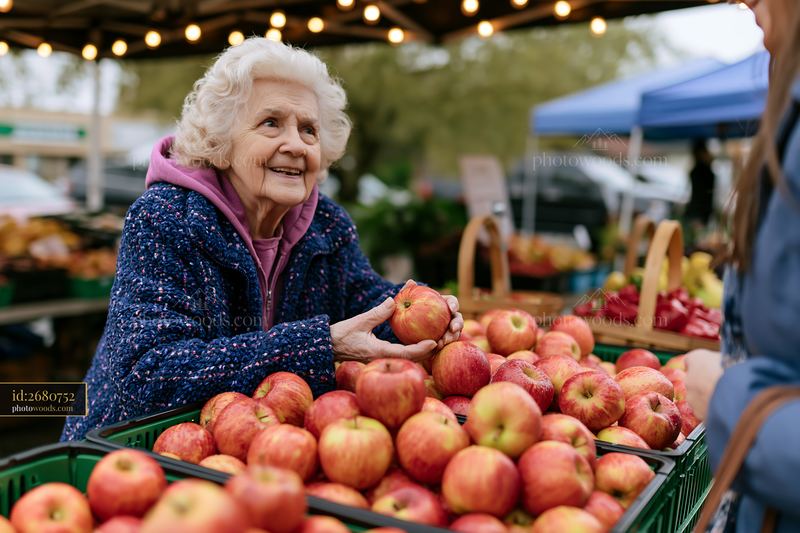 Elderly woman with dementia shopping for apples at a market