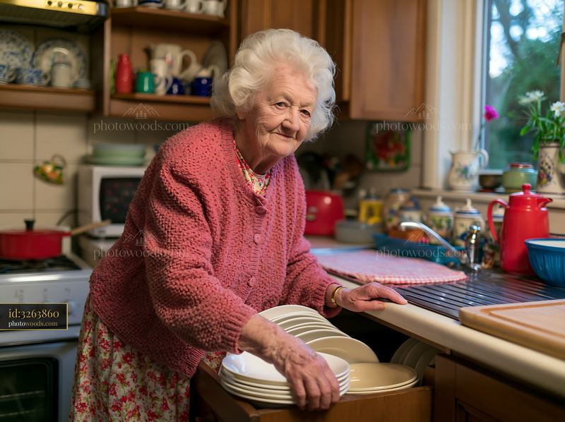 Elderly woman participates in daily activities in kitchen