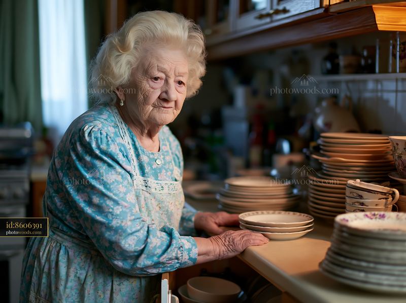 Elderly woman with dementia engaging in everyday kitchen tasks