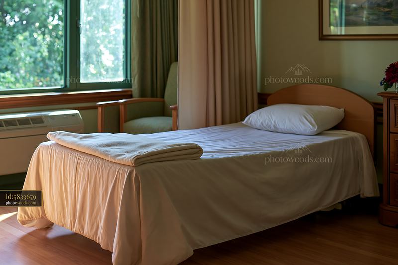 Empty bed in a hospice room with soft lighting