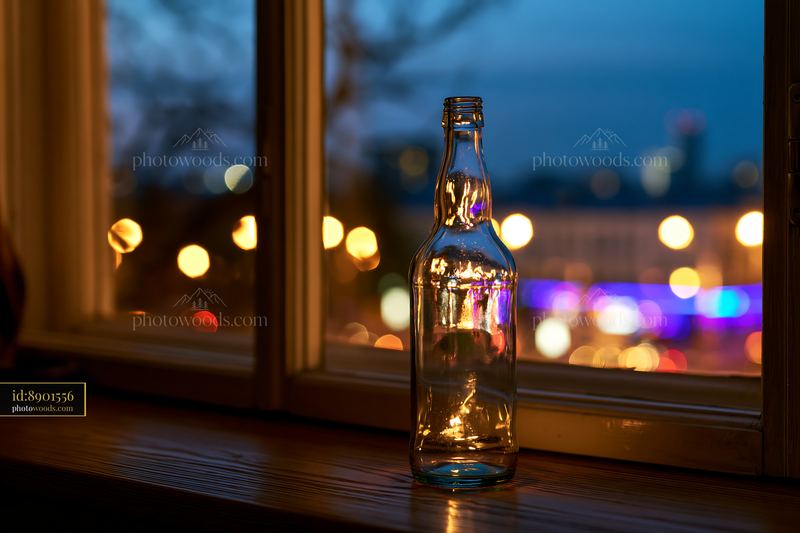 Empty bottle after party on window sill at night