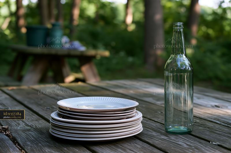 Empty bottle after party next to stacked plates in a forest setting
