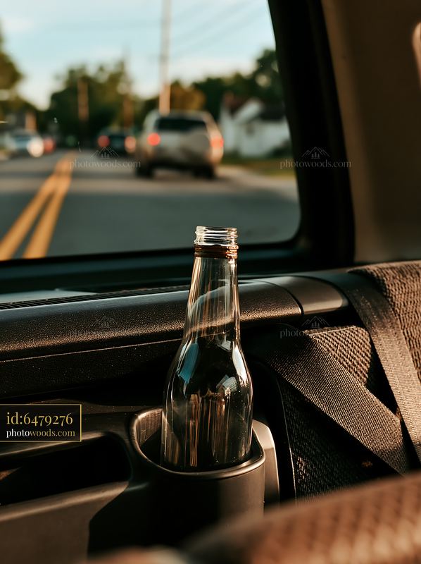 Empty bottle resting in a car cup holder by the roadside