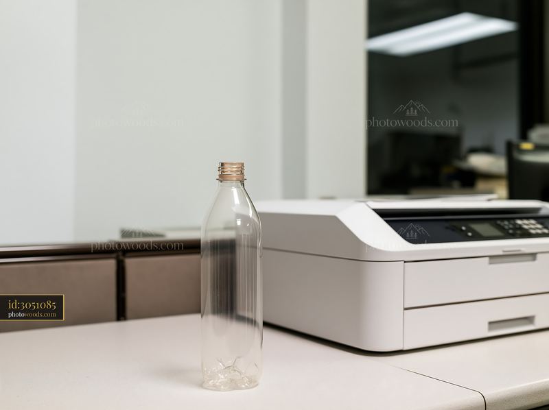Empty bottle on desk in office near printer