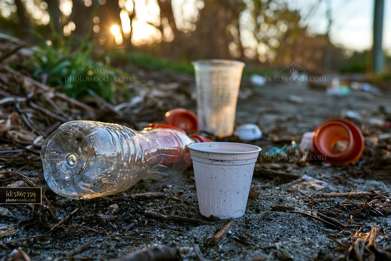 Empty bottle among discarded cups on a dirt path