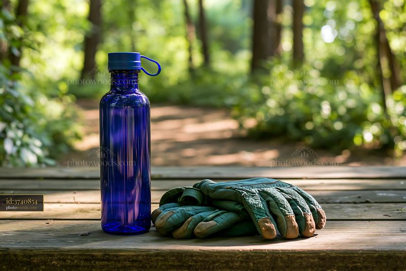 Empty bottle on picnic table with gloves in a forest setting