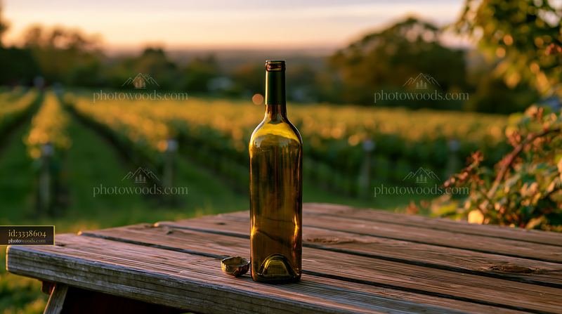 Empty bottle on picnic table at vineyard during sunset