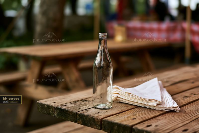 Empty bottle at outdoor event on wooden table