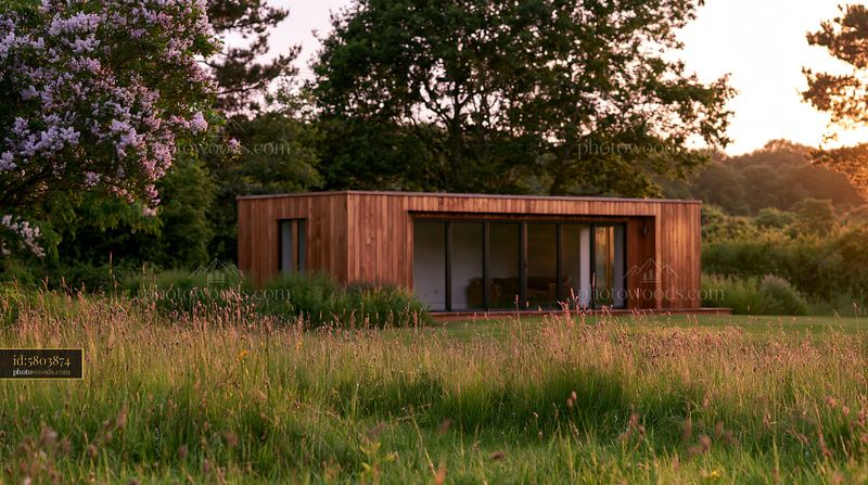 Empty garden room overlooking a lawn at sunset