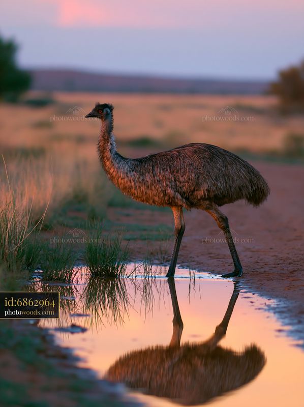 Emu walking across outback plain near a waterhole at sunset