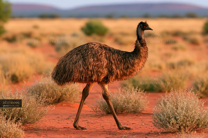 Emu walking across outback plain under a vast blue sky