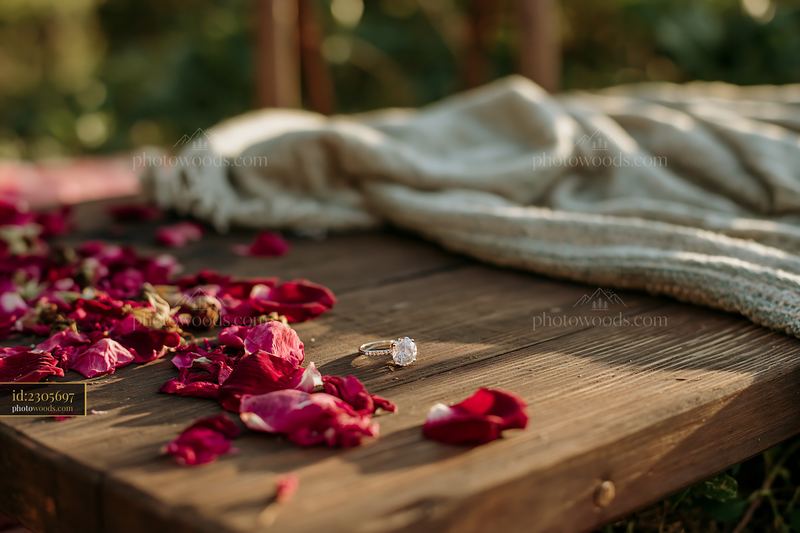 Engagement ring beside scattered flower petals on a wooden table