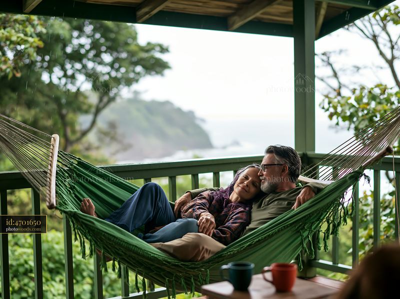 Older couple resting together in a hammock on a porch