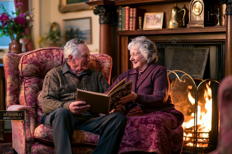 Older spouses relaxing in matching armchairs by a fireplace