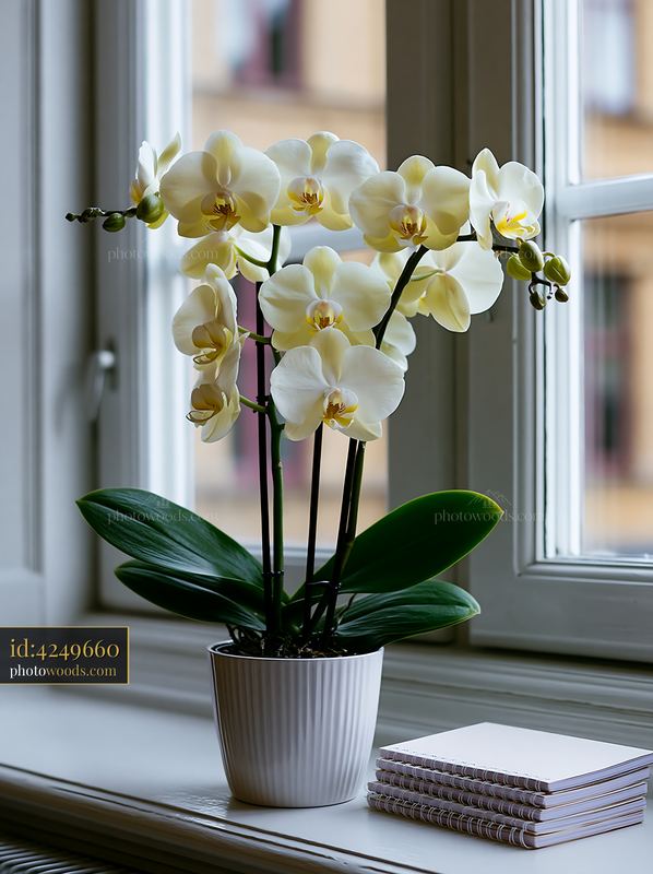 Orchid flower on windowsill with notebooks nearby