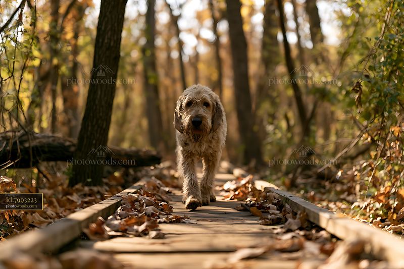 Otterhound dog walks along a wooden pathway in autumn forest