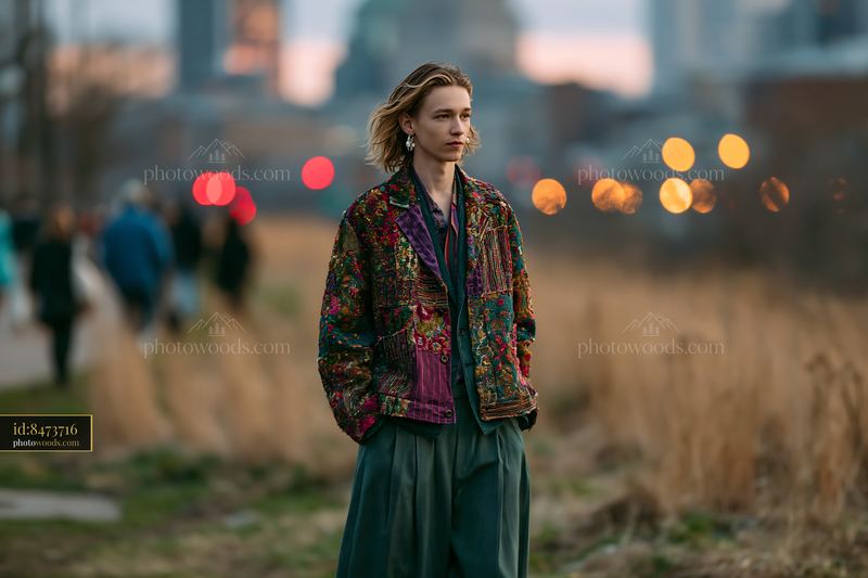 Androgynous Model Dressed in Deconstructed Patchwork Near City Park