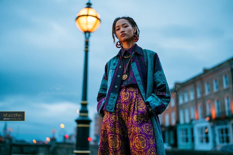 Androgynous Model in a Colorful Outfit at Dusk in a City Street