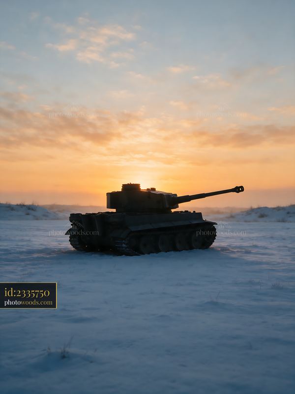 Armored tank silhouetted in a snowy landscape at sunset