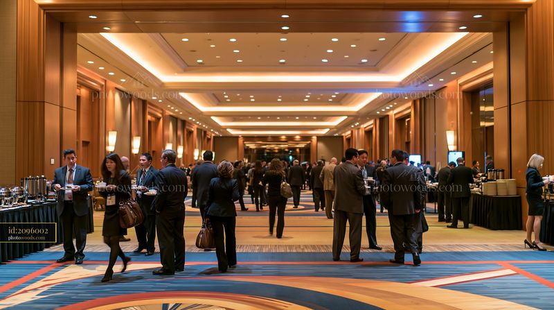 Business professionals networking at a conference buffet