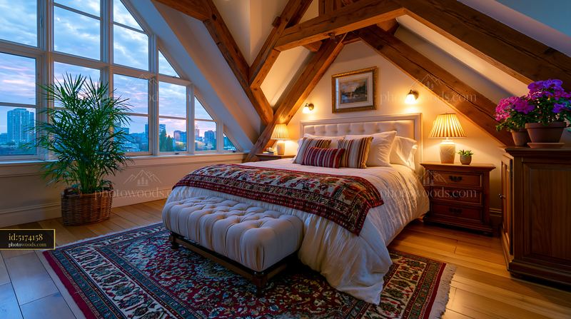 Attic Master Suite With Exposed Beams and City View at Dusk