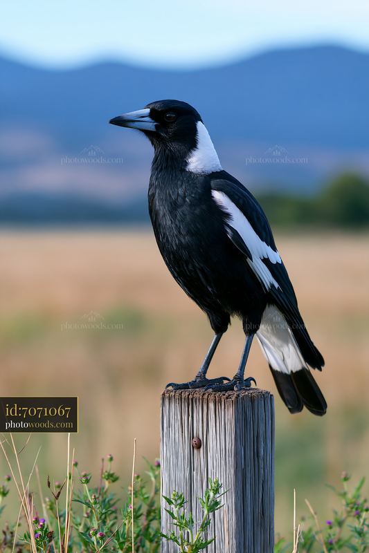 Australian Magpie Perched on a Wooden Post in Grassland