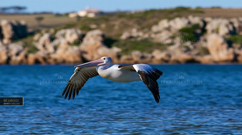 Australian pelican flying over coastal lagoon