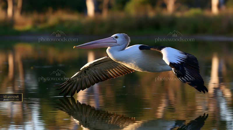 Australian pelican flies low over reflective lagoon water with wings fully extended and a blurred green shoreline behind it.