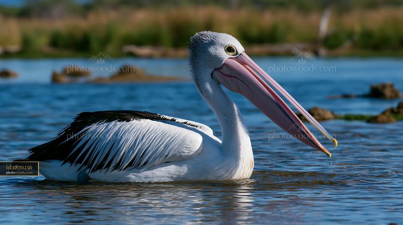 Australian pelican floating in blue coastal lagoon water with its long pink bill raised.