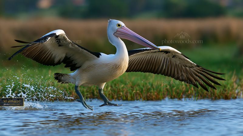 Australian pelican takes flight over coastal lagoon