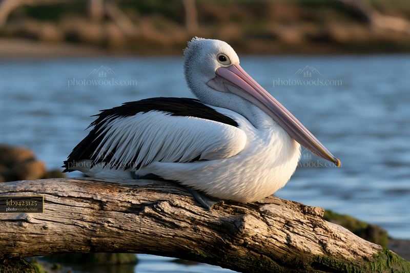 Australian pelican resting on a coastal lagoon log