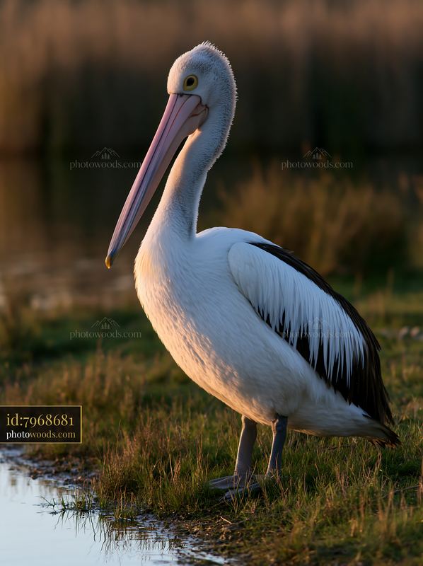 Australian pelican standing beside a coastal lagoon at the water’s edge in warm evening light.