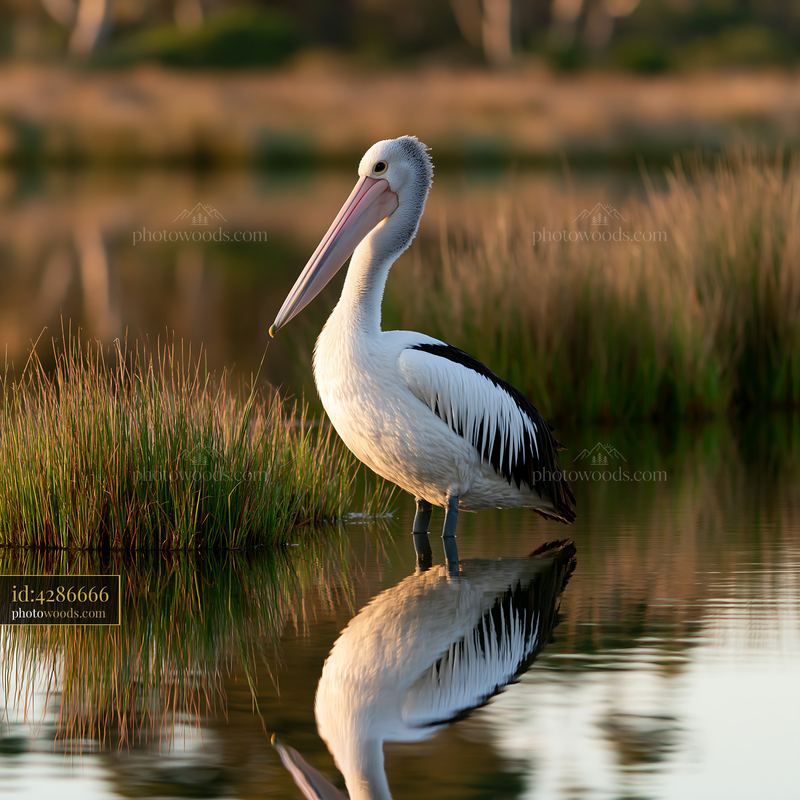Australian pelican standing in shallow coastal lagoon water beside reeds, with its reflection visible.
