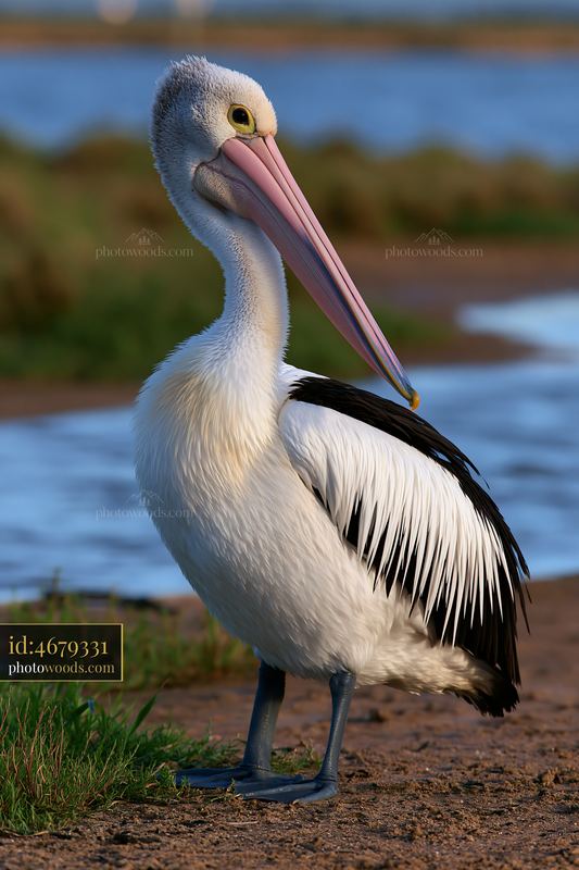 Australian pelican standing on a sandy shore beside a calm coastal lagoon.