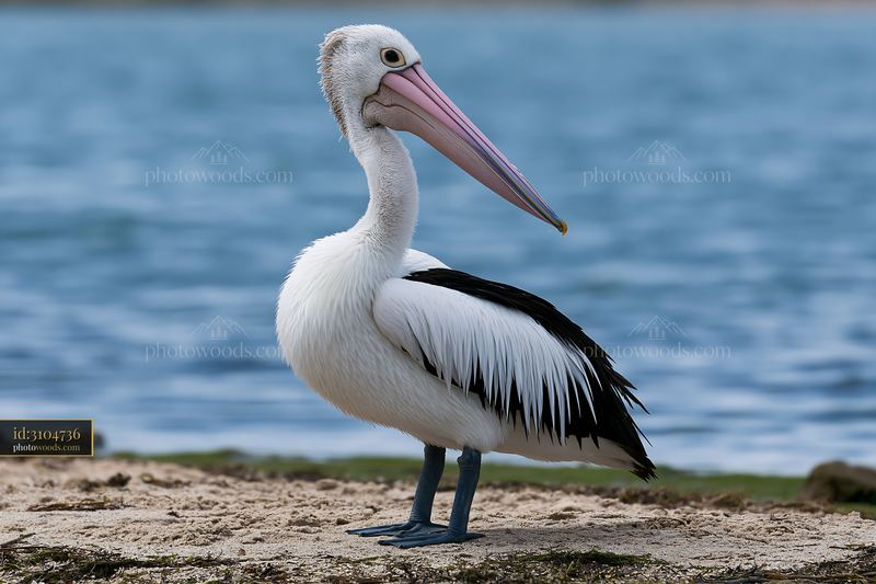 Australian pelican standing on a sandy shore beside calm blue coastal lagoon water.