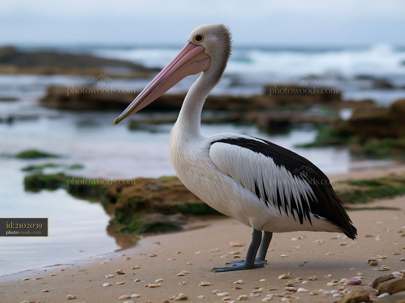 Australian pelican standing on a shell-covered sandy shore beside a coastal lagoon and rocky shallow water.