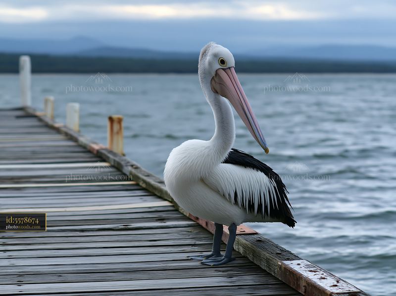 Australian pelican standing on a coastal lagoon jetty