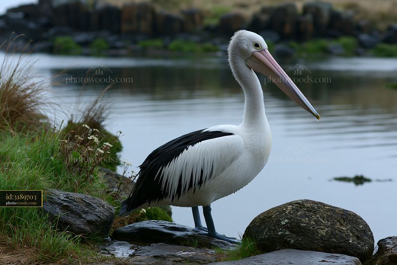 Australian pelican standing on wet rocks beside a calm coastal lagoon and grassy shore.