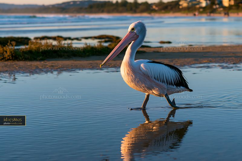 Australian pelican wading through shallow coastal lagoon water with its reflection and a sandy shoreline behind it.