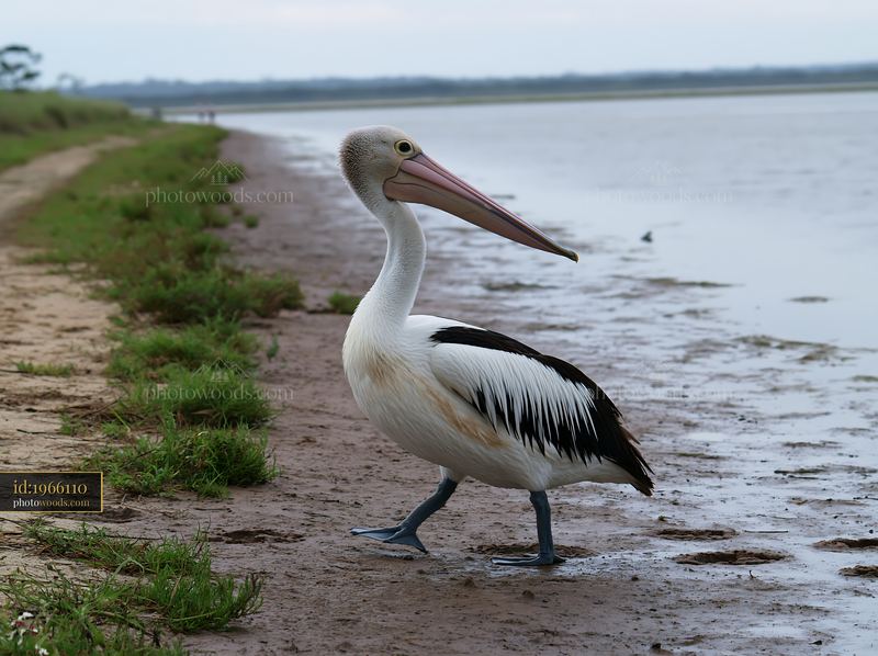 Australian pelican walks along the muddy shoreline of a calm coastal lagoon under an overcast sky.