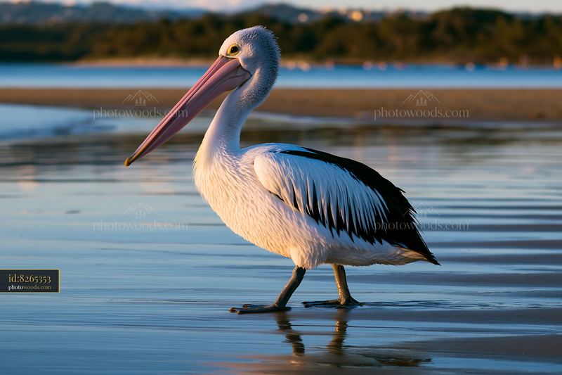 Australian pelican walks through shallow water on a coastal lagoon shoreline with its reflection visible.