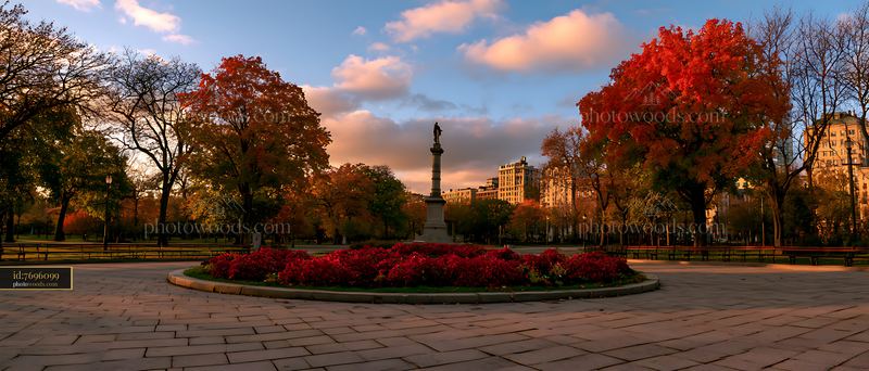 Colorful autumn trees in a park with a statue in the center
