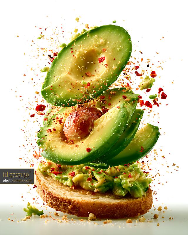 Avocado slices flying over toasted bread with seasoning
