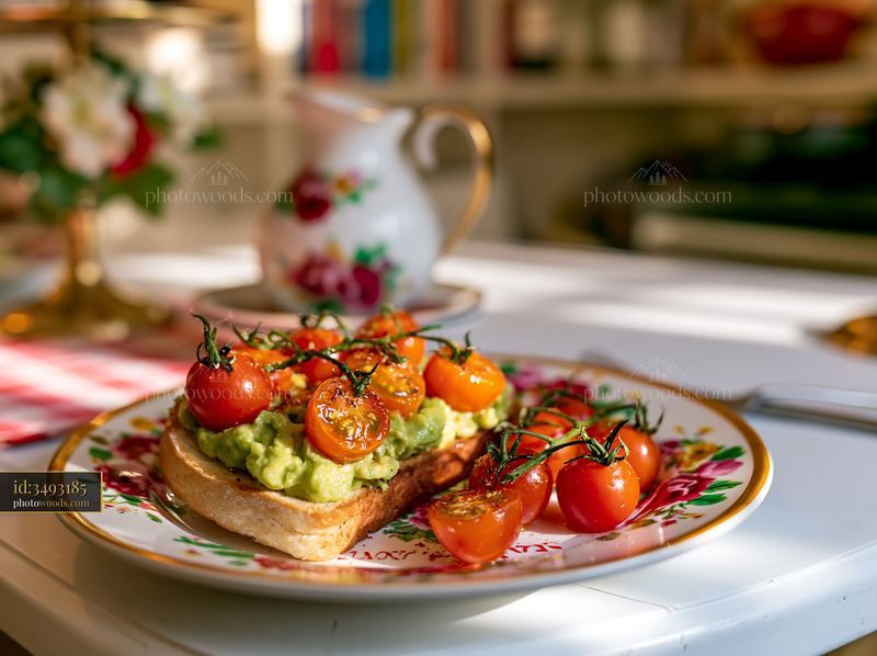 Breakfast plate with avocado toast topped with cherry tomatoes