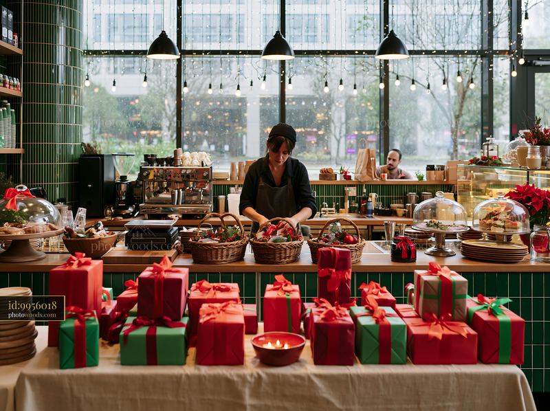 Festive coffee shop interior with gift display and barista