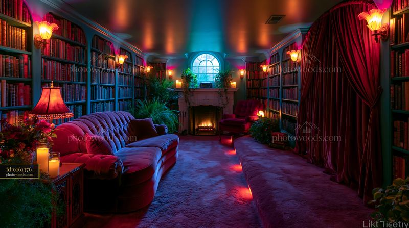 Basement Cinema in Dark Academia Style With Bookshelves and Seating
